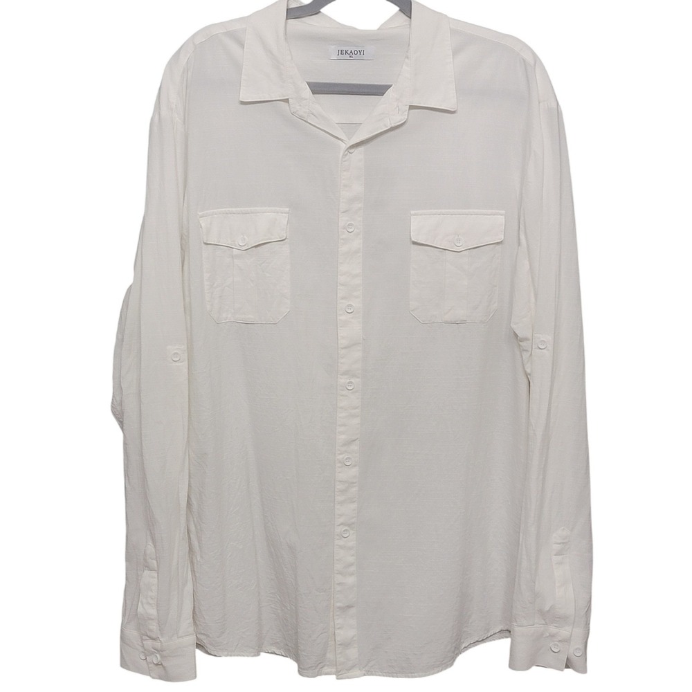 JEKAOYI White Button Up Shirt Mens XL Cotton Rayon Roll Tab‎ Beach Coastal Beach